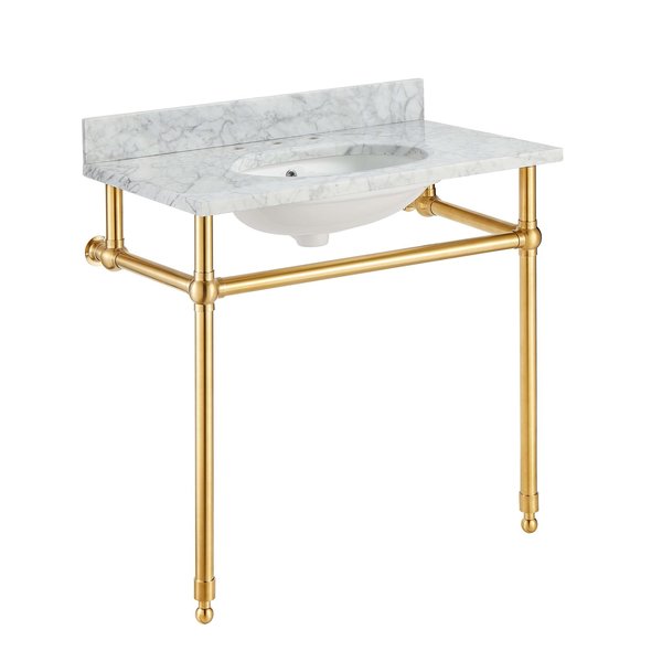 34.5 in. Console Sink in Brushed Gold with Carrara White Counter Top