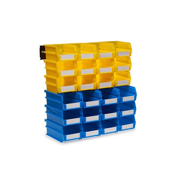 Wall Storage Unit with (12) 5-3/8 L x 4-1/8 W x 3 H Yellow Bins & (12) 7-3/8 L x 4-1/8 W x 3 H Blue Bins