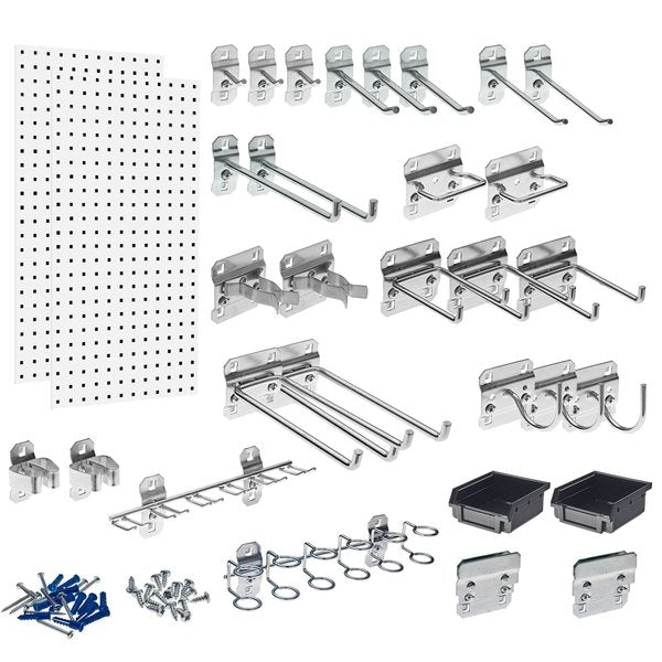 (2) 18 In. W x 36 In. H White Steel Square Hole Pegboards 30 pc. LocHook Assortment & Hanging Bin System