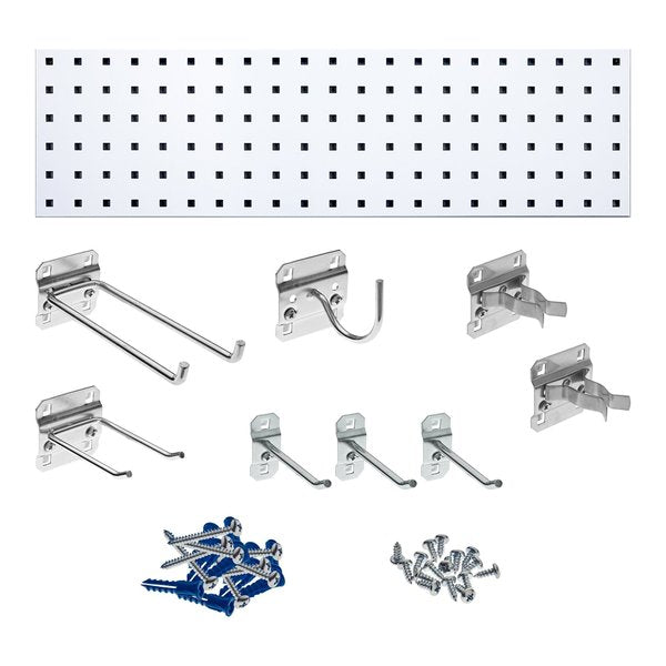 White Garden Storage Kit with (1) 31.5 In. x 9 In. 18-Gauge Steel Square Hole Pegboard 8 pc. LocHook Assortment