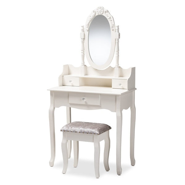 Veronique White Finished Wood 2-Piece Table with Mirror and Ottoman