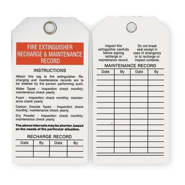Tag,  Fire Extinguisher Recharge & Maintenance Record,  5 3/4 in W x 3 in H,  Polyester,  White,  25 Pack