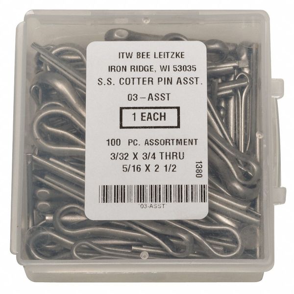 Cotter Pin Asst, 18-8, 100 Pcs, 14 Sizes