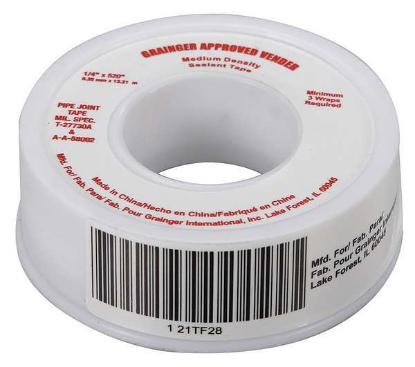 Thread Sealant Tape,  1/4 in W x 43 ft L,  4 mil Thick,  White,  1 Pk