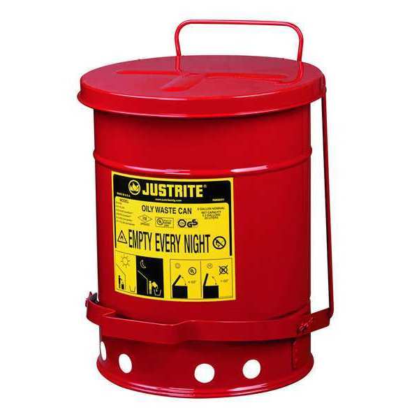 Oily Waste Can,  6 Gallon Capacity,  Galvanized Steel,  Red,  Foot Operated Self Closing