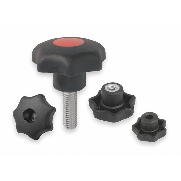 Star Grip,  DIN 6336 Similar,  D=1/4-20X20,  D1= 25,  External Thread,  Steel,  Black Plastic,  Cap Black