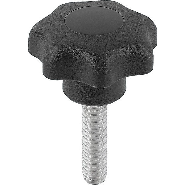 Star Grip,  DIN 6336 Similar,  D=3/8-16X40,  D1= 50,  External Thread,  Steel,  Black Plastic,  Cap Black