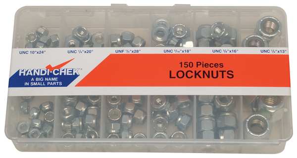 Zinc Plated Finish Steel Standard Hex Nylon Insert Hex Lock Nut Assortment,  150 pcs.