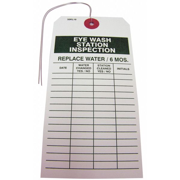 Tag,  Eye Wash Station Inspection,  2 7/8 in W x 5 3/4 in H,  Paper,  White/Green Header,  Pack of 25