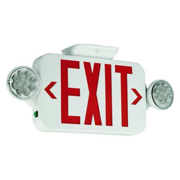 Exit Sign with Emergency Lights,  7 1/4 in H x 18 in W,  LED,  Flush Mount,  2 Lamp Heads,  White/Red