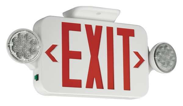 Exit Sign with Emergency Lights,  7 1/4 in H x 18 in W,  White/Red,  2 Faces,  Wall/Ceiling Mounting