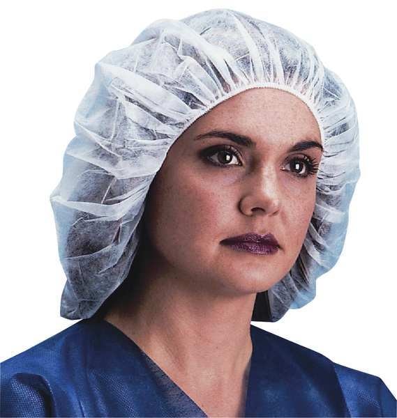 Bouffant Cap,  Polypropylene,  Latex-Free,  White,  24 in Dia,  Size Large,  1000 Per Box