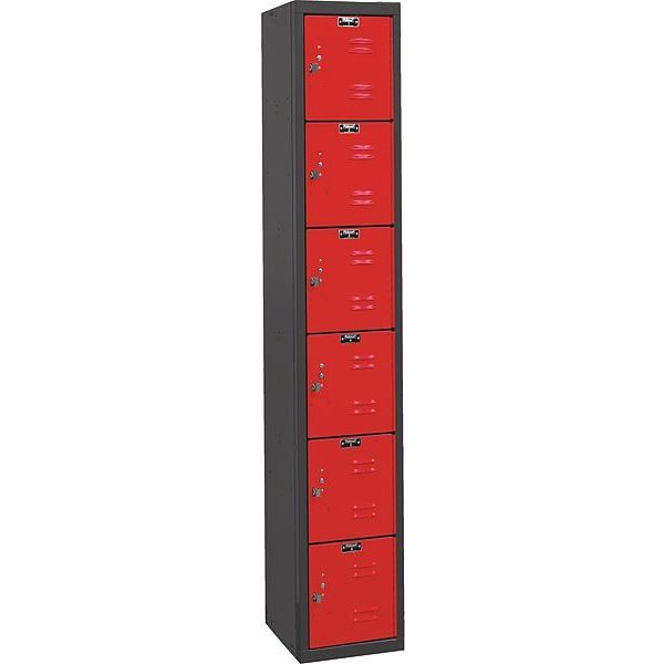 Box Locker,  12 in W,  18 in D,  72 in H,  (1) Wide,  (6) Tier,  Red/Black