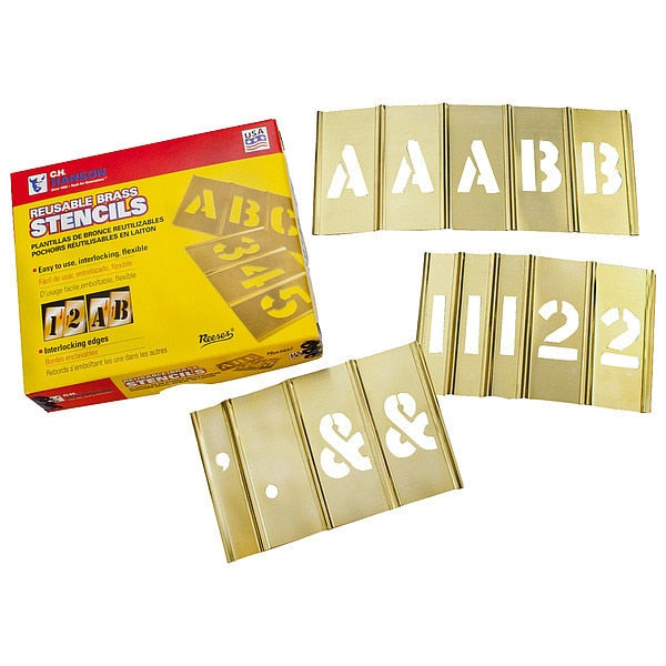 Stencil Kit,  2 in Character Height,  1 in Character Width,  Letters and Numbers,  Brass,  92 pc Set