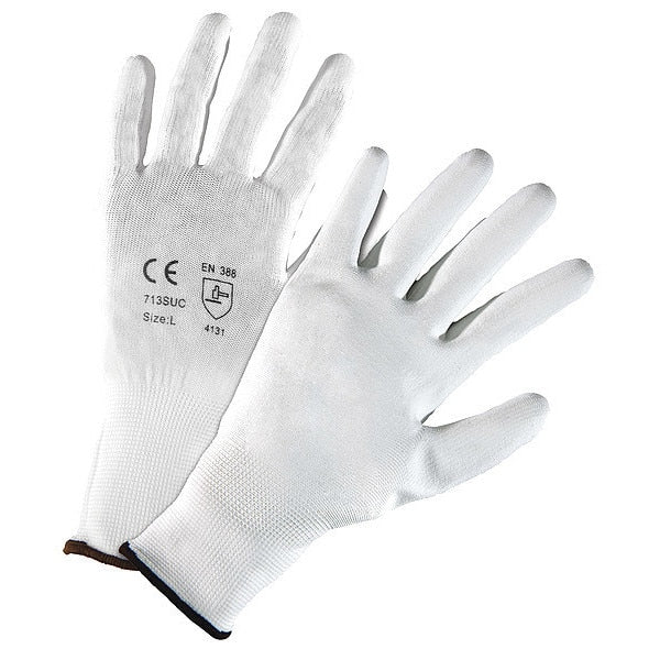 Work Gloves, White, PU Coated, Nylon, M, PK12