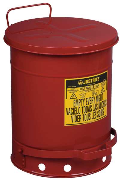 Oily Waste Can,  10 Gallon Capacity,  Galvanized Steel,  Red,  Foot Operated Self Closing