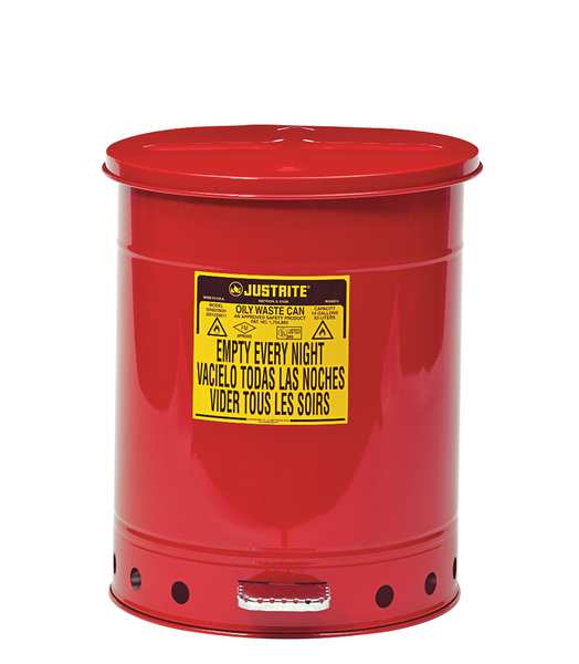 Oily Waste Can,  14 Gallon Capacity,  Galvanized Steel,  Red,  Foot Operated Self Closing