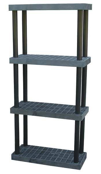 Freestanding Plastic Shelving Unit,  Open Style,  16 in D,  36 in W,  75 in H,  4 Shelves,  Black