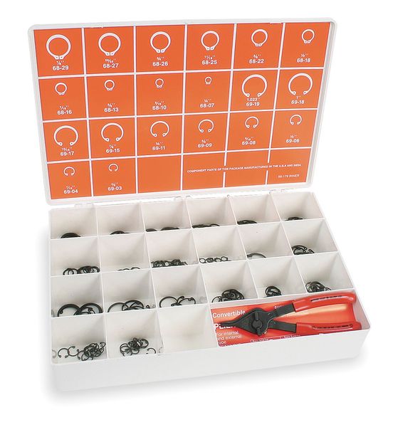 Internal and External Retaining Ring Assortment,  Steel,  Phosphate Finish,  221 Pieces,  20 Sizes