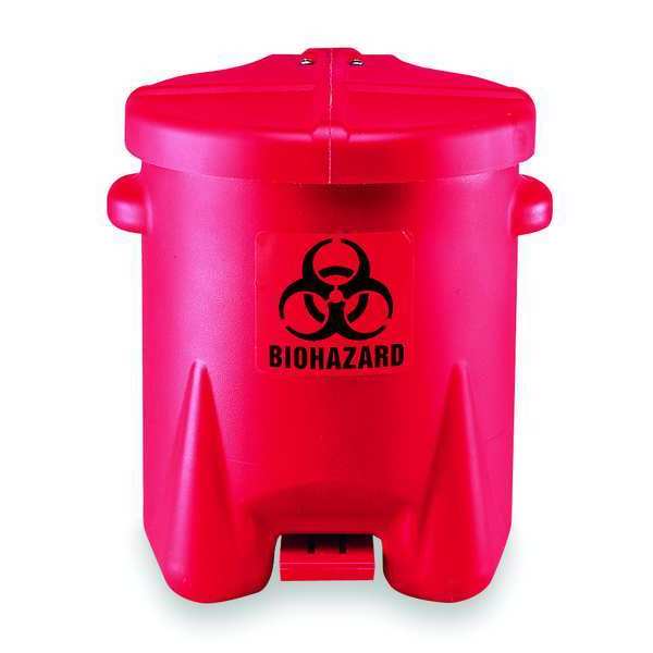 Biohazard Step On Waste Can,  6 Gallon Capacity,  Polyethylene,  Red,  13 1/2 in Width x 16 in Height