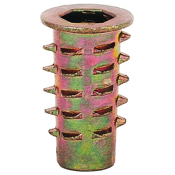 Hex Drive Threaded Insert,  1/4"-20 Int Thrd Sz,  25/32 in L,  15/32 in Dia.,  Zinc Alloy,  Plain
