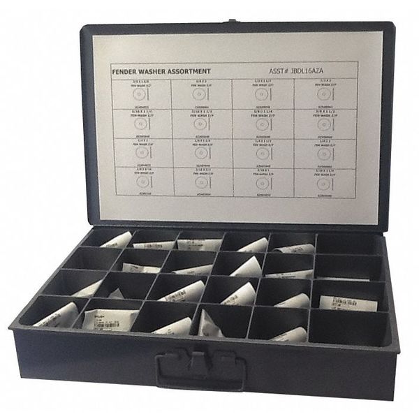 Fender Washer Assortment,  Steel,  Zinc Plated Finish,  1250 PCS