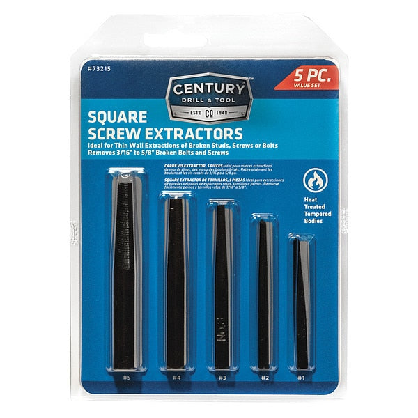 Screw Extractor Square Flute,  5PC Set,  #1,  #2,  #3,  #4,  and #5