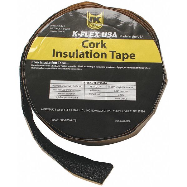 Pipe Insulation Tape,  30 ft Overall Lg,  2 in Overall Wd,  130 mil Thick,  Cork,  Black