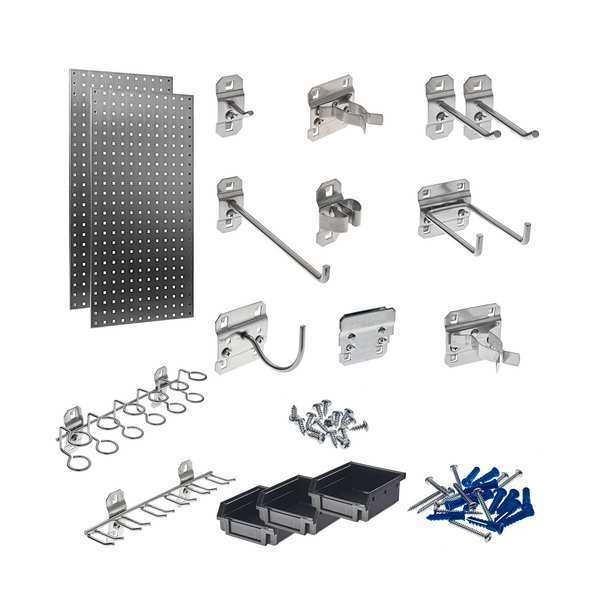 (2) 18 In. W x 36 In. Stainless Steel Square Hole Pegboards 32 pc. Stainless LocHook Assortment 3 Hanging Bins