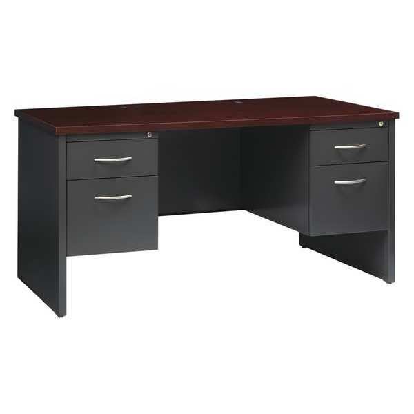 Office Desk,  Double Pedestal,  60"W x 30"D,  Charcoal/Mahogany