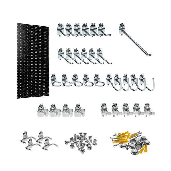 24 In. W x 48 In. H x 1/4 In. D Black Heavy-Duty HDF Round Hole Pegboard 36 pc. Locking Hook Assortment