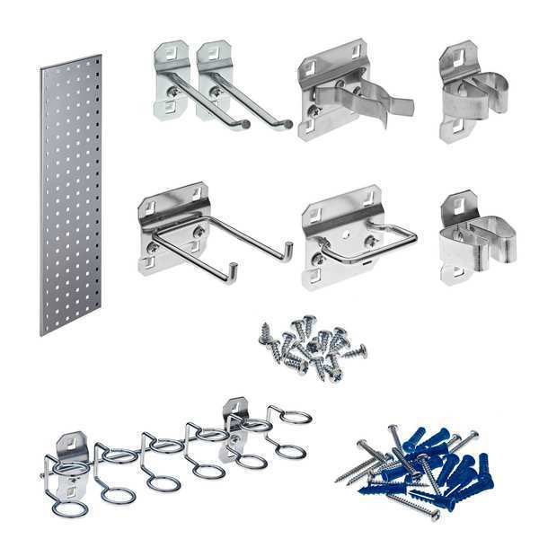 Silver Tool Storage Kit with (1) 31.5 In. x 9 In. 18-Gauge Steel Square Hole Pegboard 8 pc. LocHook Assortment