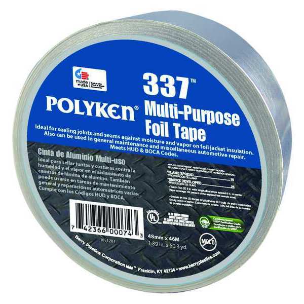 Foil Tape, Rubber Adhesive, 48mm W, Silver