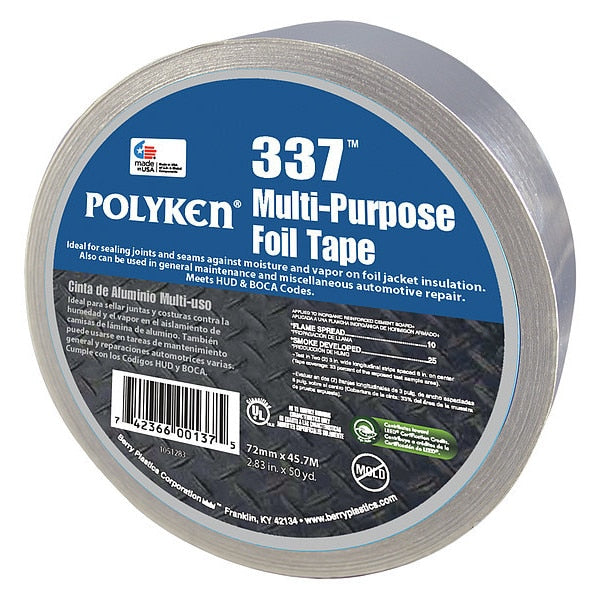 Foil Tape, Rubber Adhesive, 72mm W, Silver