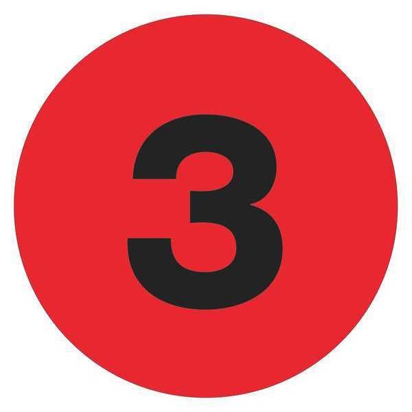 Tape Logic® Number Labels,  "3",  1" Circle,  Fluorescent Red,  500/Roll