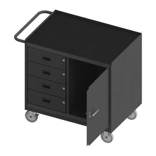 Mobile bench cabinet, black rubber mat top,  1 door,  4 drawers
