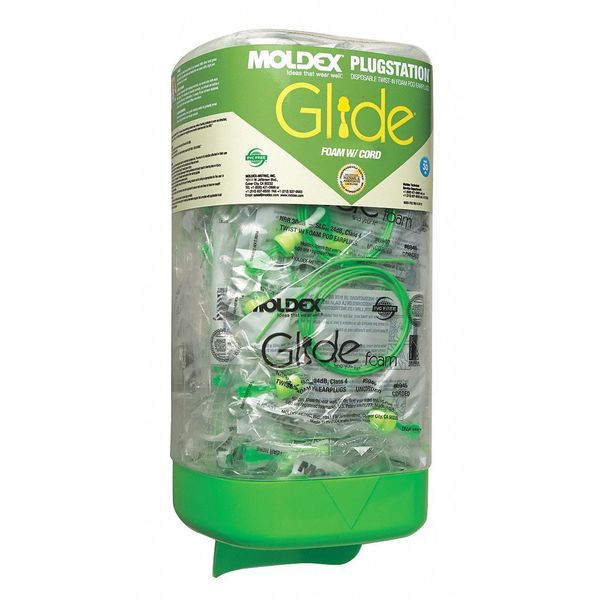 Glide Ear Plugs Dispenser with Refill,  Corded,  Pod Shape,  NRR 30 dB,  Hi-Vis Green,  M,  150 Pairs