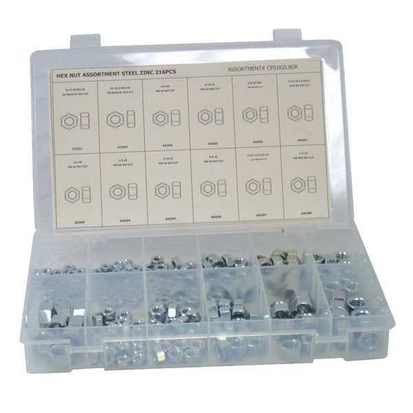 Nut Assortment, Zinc Finish, 12 Sizes