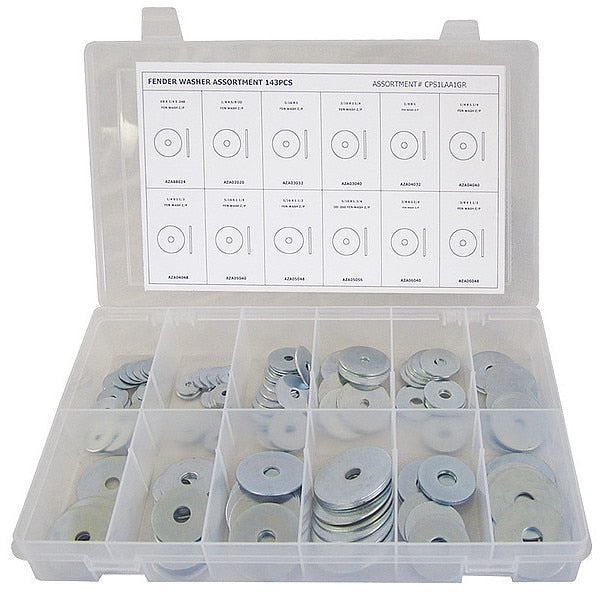 Fender Washer Assortment,  Steel,  Zinc Plated Finish,  143 PCS