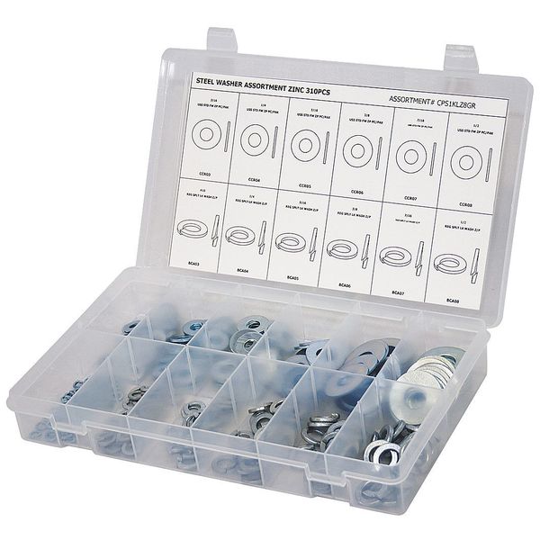 Flat and Split Lock Washer Assortment,  Steel,  Zinc Plated Finish,  310 PCS