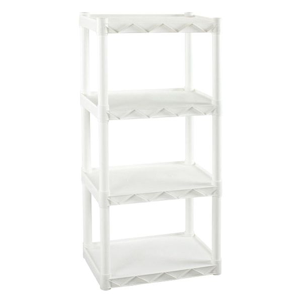 Freestanding Plastic Shelving Unit,  Open Style,  14 in D,  22 in W,  48 in H,  4 Shelves,  White
