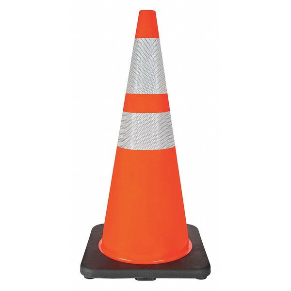 Traffic Cone,  Standard Shape,  PVC,  28 in H,  Orange,  2 Reflective Stripes,  Black Base