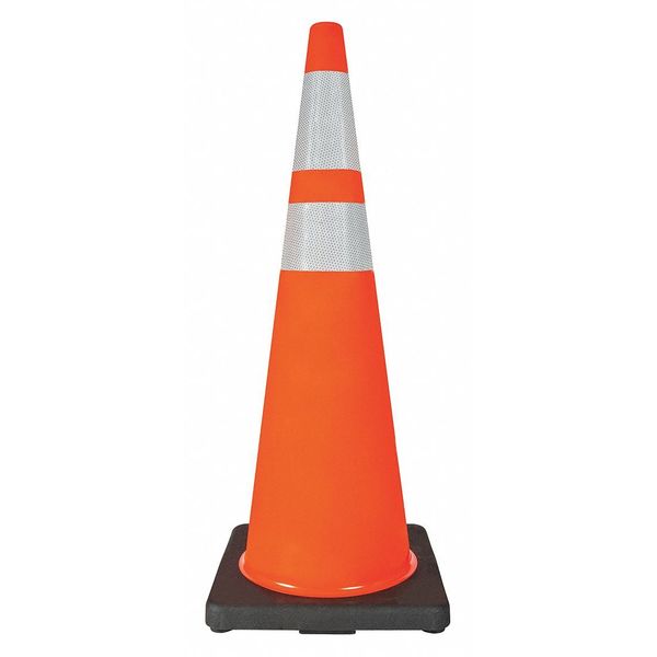 Traffic Cone,  Standard Shape,  PVC,  36 in H,  Orange,  2 Reflective Stripes,  Black Base
