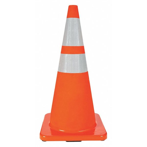 Traffic Cone,  Standard Shape,  PVC,  28 in H,  Orange,  2 Reflective Stripes,  Orange Base