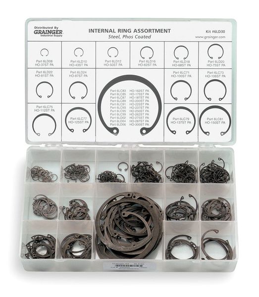 Internal Retaining Ring Assortment,  Carbon Steel,  Phosphate Finish,  12 Sizes