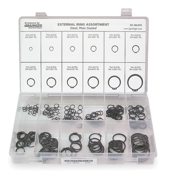 External Retaining Ring Assortment,  Steel,  Phosphate Finish,  12 Sizes