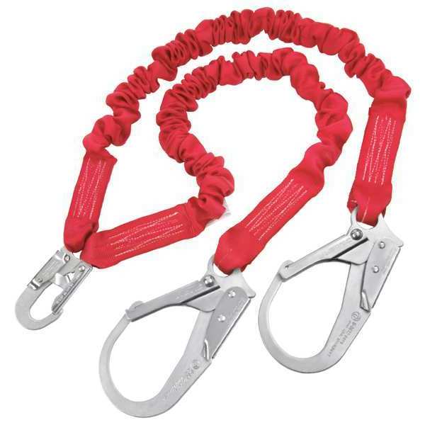 PRO Stretch Shock Absorbing Lanyard,  100% Tie-Off,  Elastic,  Snap Hook,  Two Rebar Hooks,  6 ft,  Red