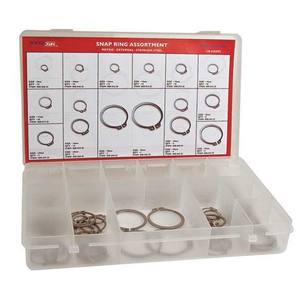 External Retaining Ring Assortment,  Stainless Steel,  Plain Finish,  138 Pieces