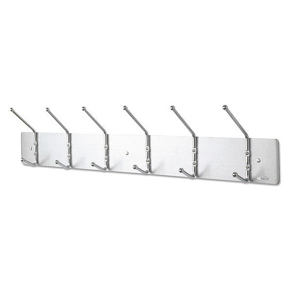 Metal Wall Rack,  6 Ball-Tipped Double-Hooks,  36Wx3.75Dx7H,  Satin Metal