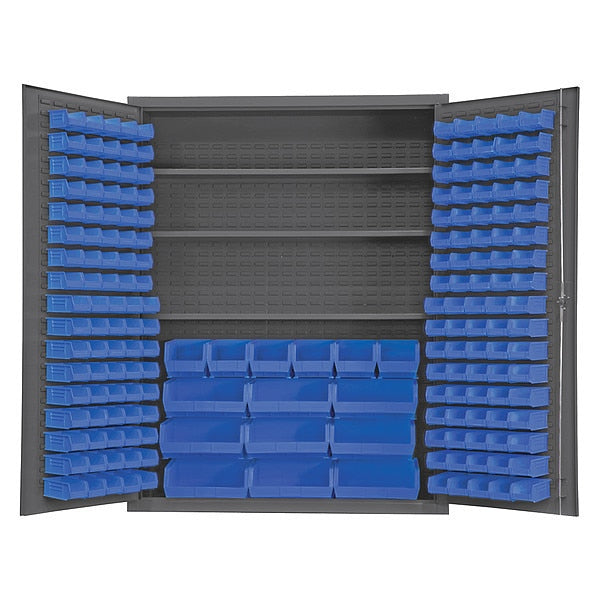 Cabinet,  60"W,  14 gauge steel,  185 blue bins,  3 shelves